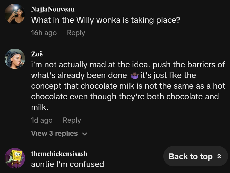 TikTok comments including one reading 'What in the Willy Wonka is taking place?'