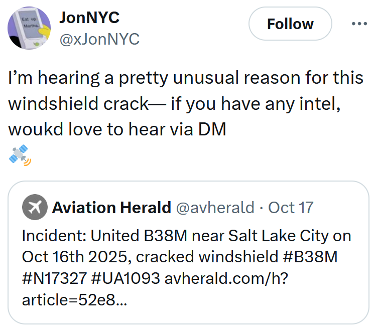 Tweet reading 'I’m hearing a pretty unusual reason for this windshield crack— if you have any intel, woukd love to hear via DM'