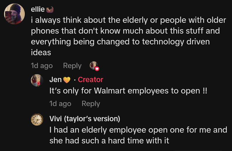 TikTok comment reading 'i always think about the elderly or people with older phones that don't know much about this stuff and everything being changed to technology driven ideas' and replies.