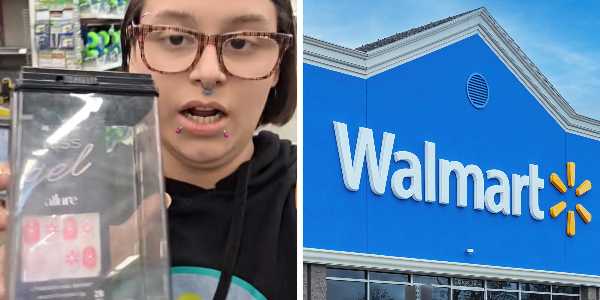 Left: Woman inside of a Walmart store holding a box of press on nails locked in a box. Right: Walmart store exterior.