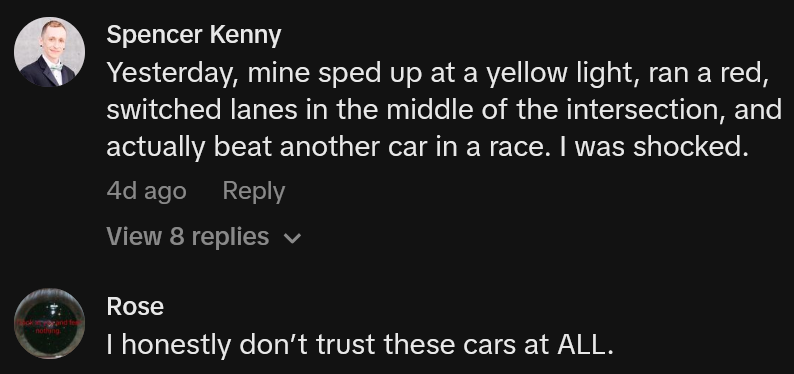 TikTok comments including one reading 'Yesterday, mine sped up at a yellow light, ran a red, switched lanes in the middle of the intersection, and actually beat another car in a race. I was shocked.'