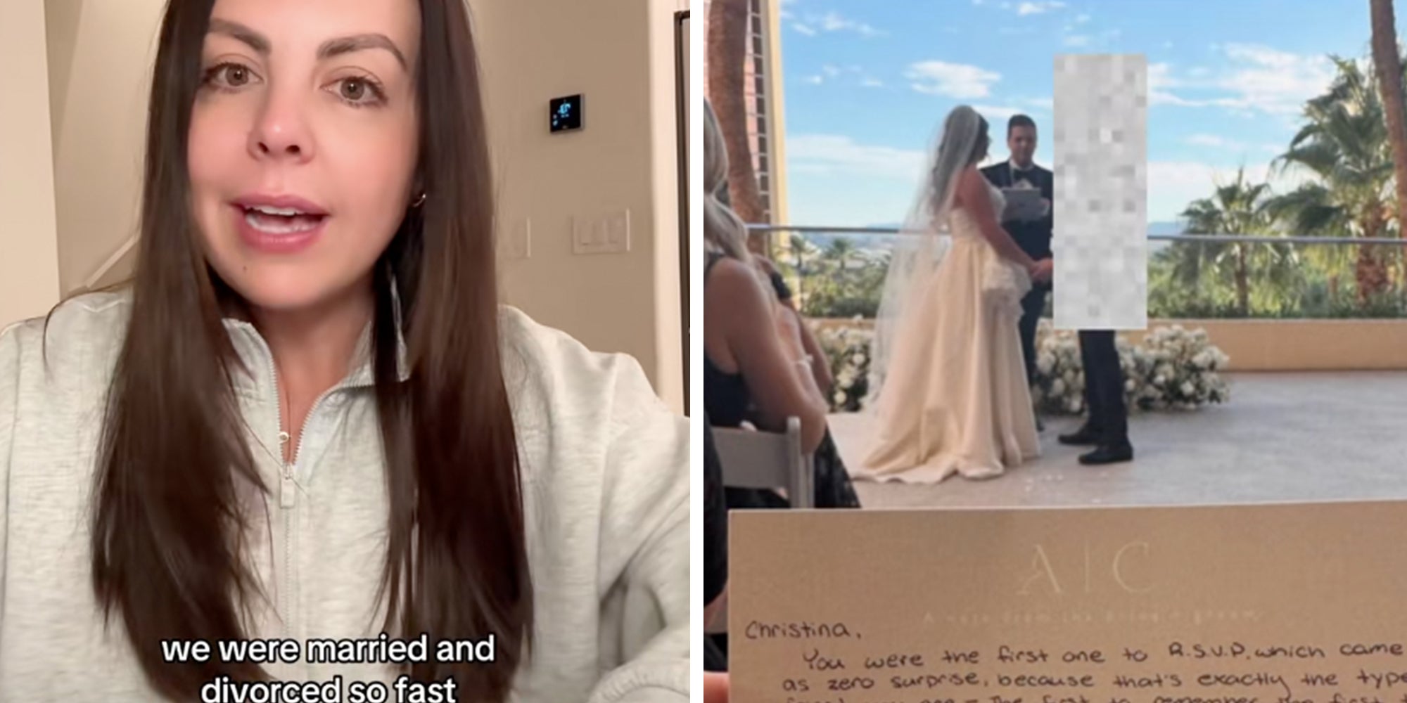 Brunette woman in a white sweatshirt looking into camera under text reading, 'we were married and divorced so fast.' Right: Couple getting married at their wedding.