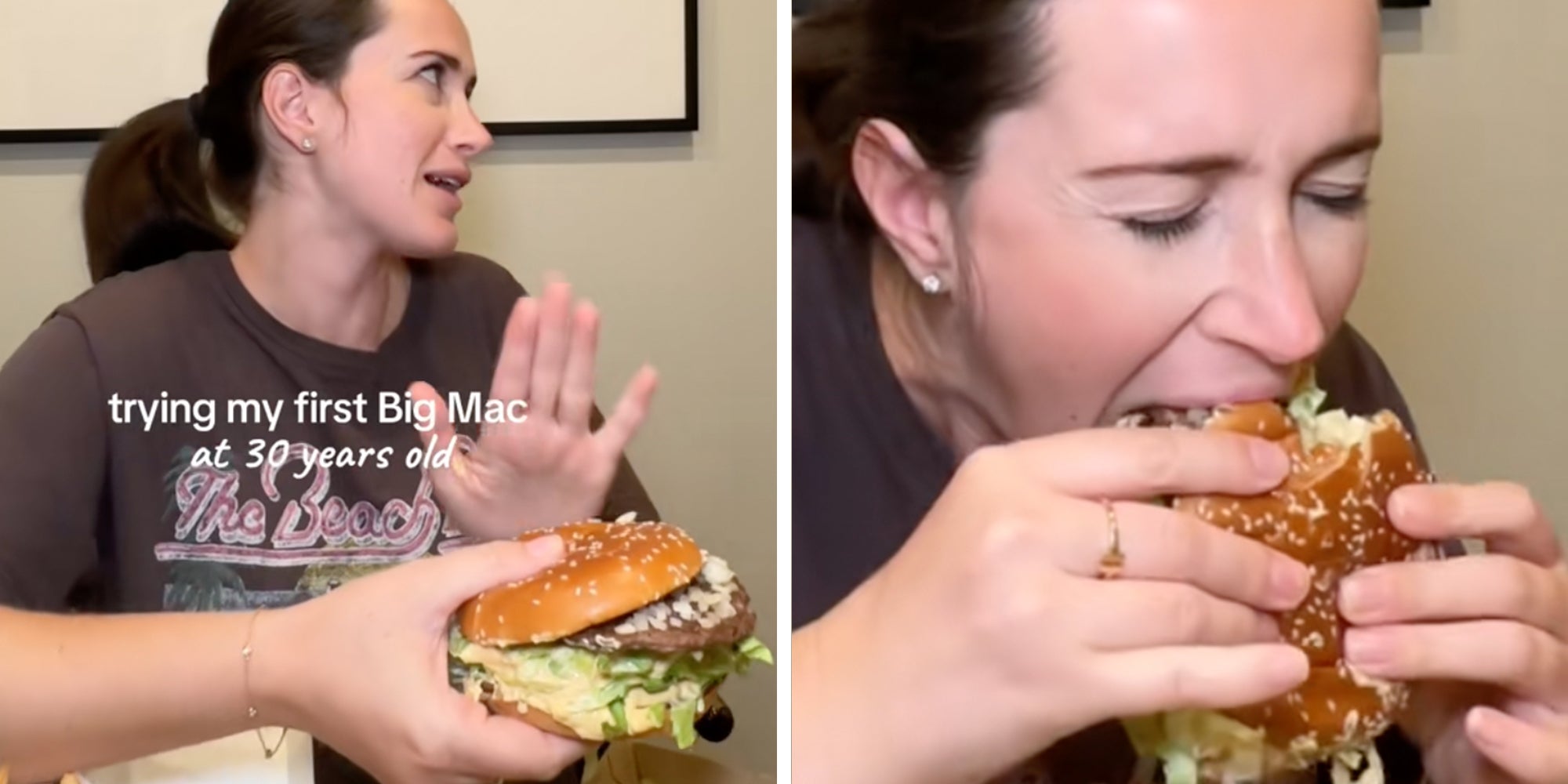Woman trying her first-ever Big Mac from McDonald's, text overlay reads, 'trying my first Big Mac at 30 years old.'