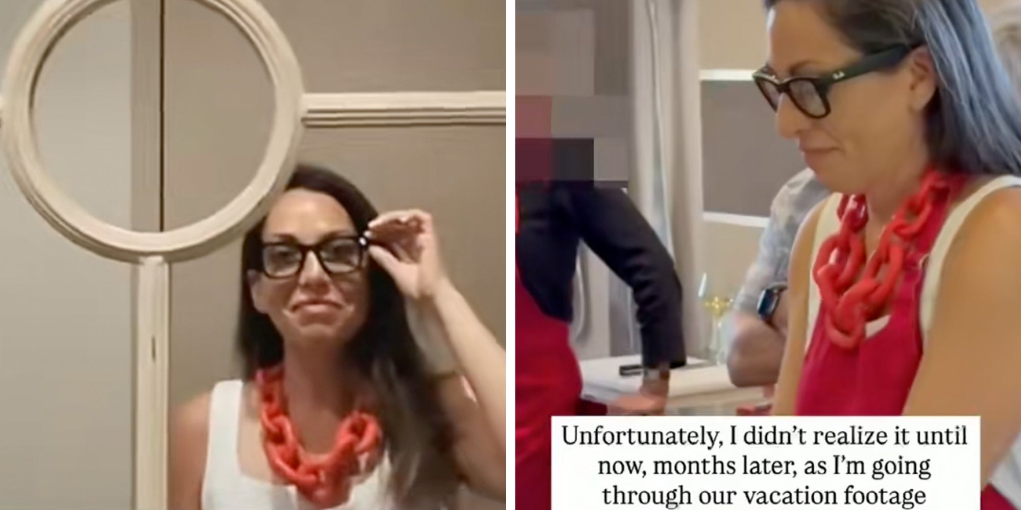 Left: Woman looking into the glasses wearing Meta glasses. Right: Woman at a cooking class in a red apron, text overlay on the image reads, 'Unfortunately, I didn't realize it until now, months later, as I'm going through our vacation footage.'