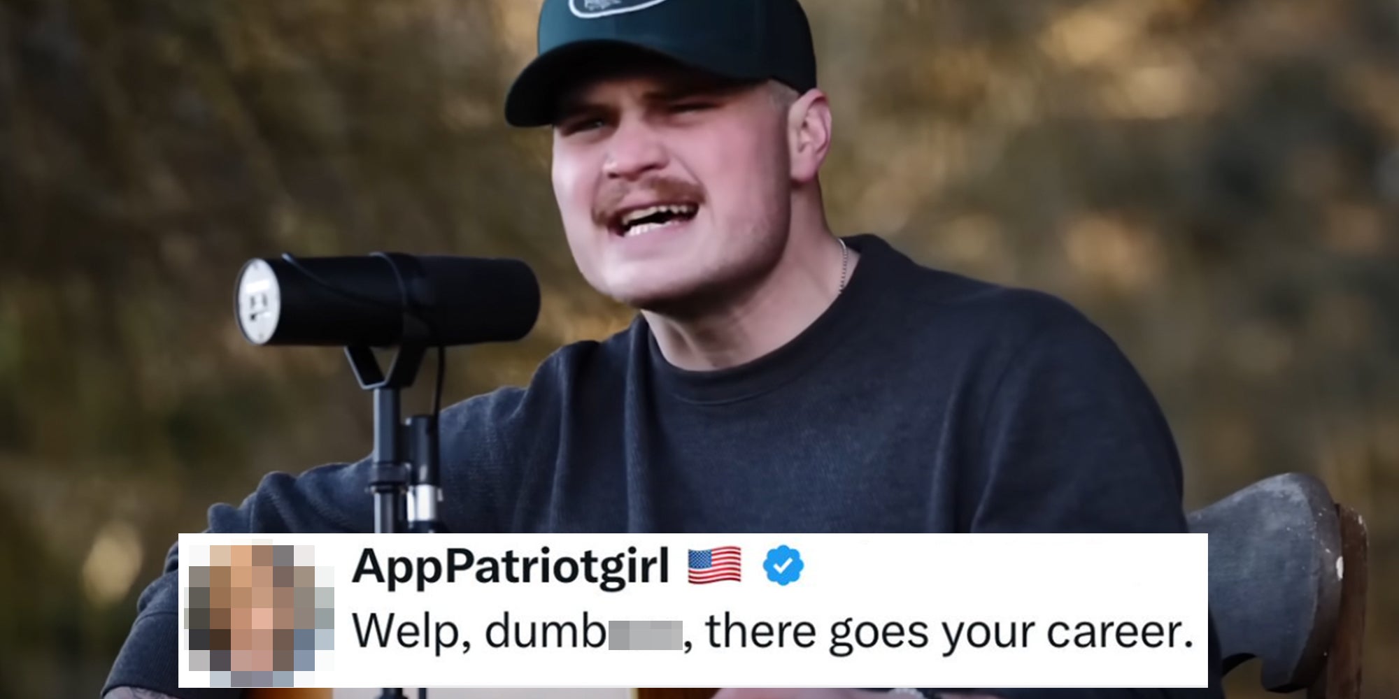 Country singer Zach Bryan singing into a microphone. Tweet overlay from 'AppPatriotgirl' reads, 'Welp, there goes your career.'