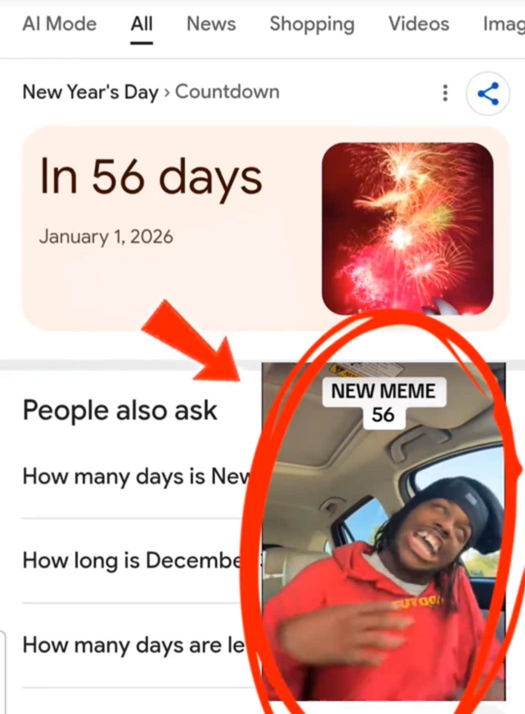 Vídeo TikTok de 56 memes com uma seta apontando para os resultados do Google dizendo que o dia de Ano Novo é daqui a 56 dias para o homem do vídeo original.