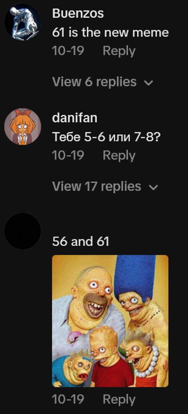 Comentários do TikTok, incluindo um deles dizendo '61 é o novo meme.'