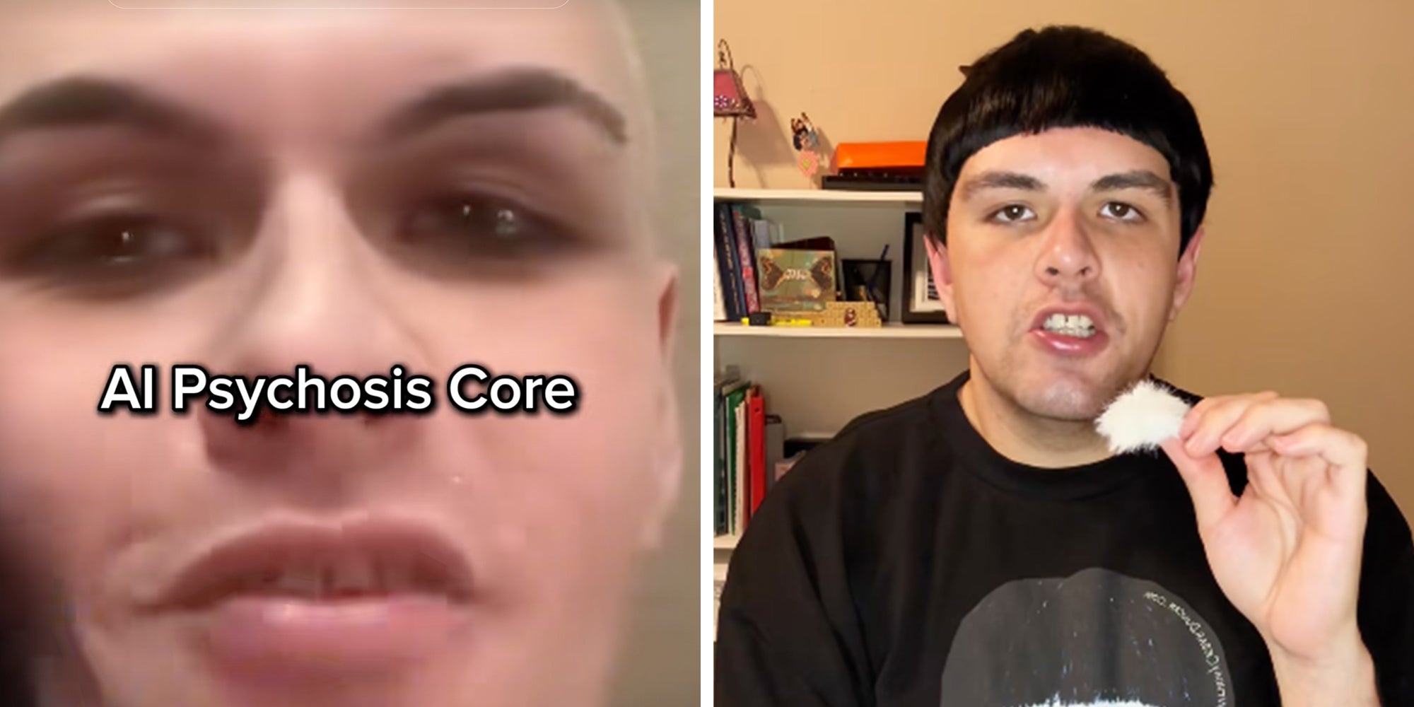 Man looking into camera, text overlay reads, 'AI Psychosis Core.'