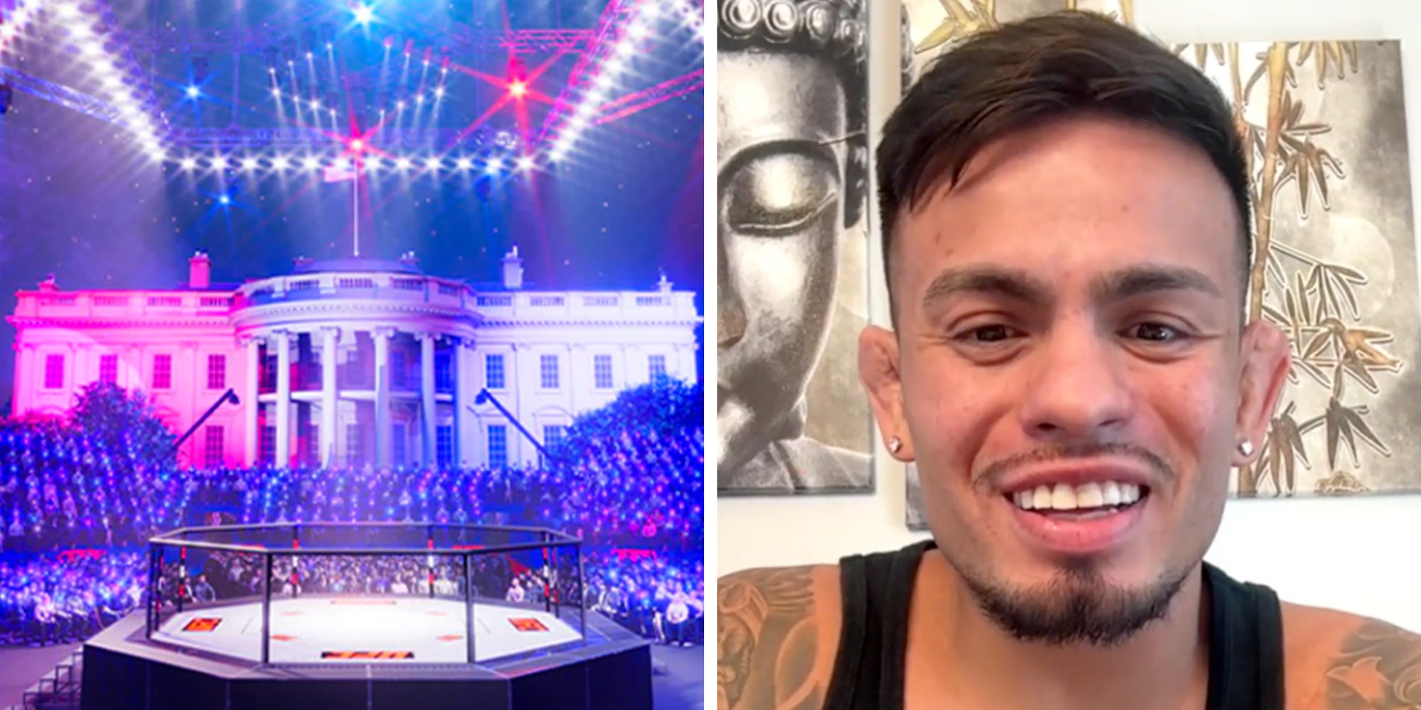 Left: Rendering of a UFC mixed martial arts arena on the White House’s South Lawn. Right: UFC fighter Brandon Royval giving an interview.
