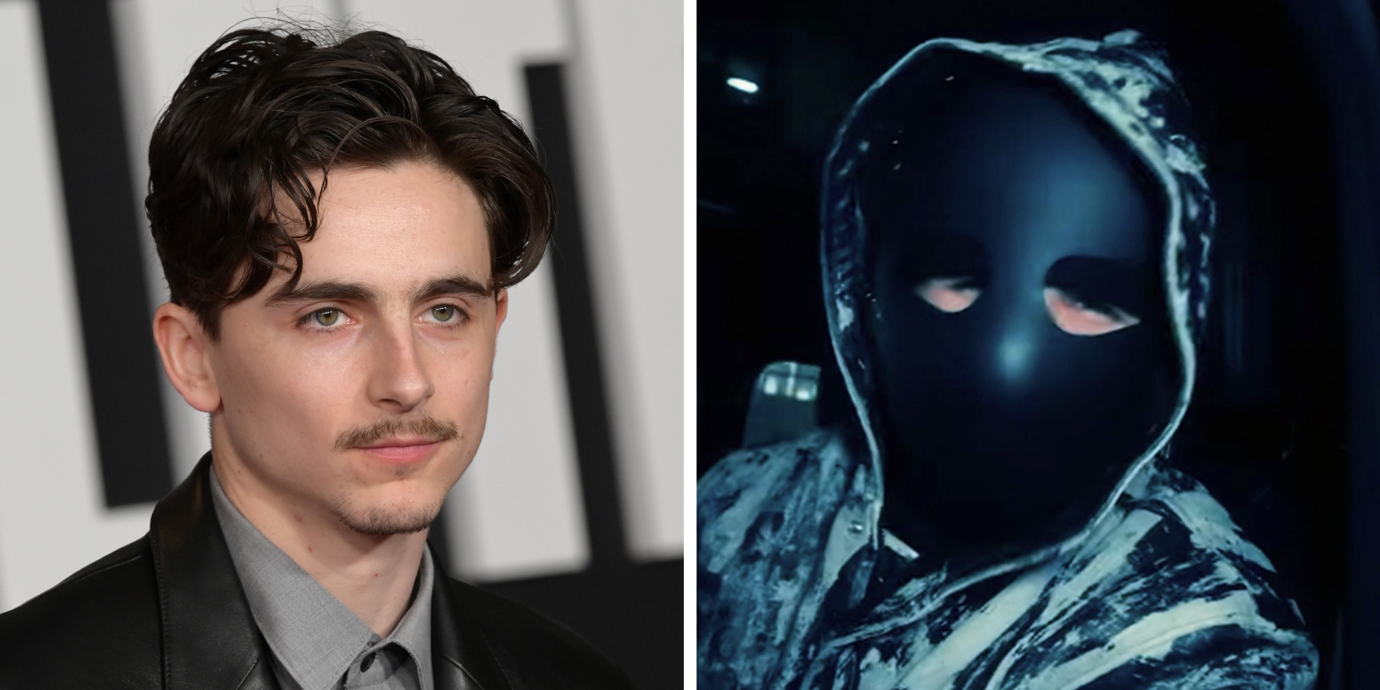 Left: Actor Timothee Chalamet at the World Premiere of A Complete Unknown at the Dolby Theatre. Right: Alt British rapper EsDeeKid wearing a black mask.