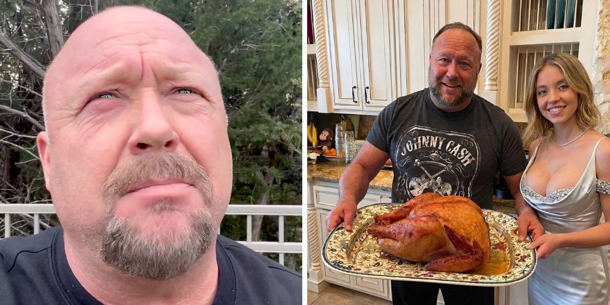 Left: Alex Jones looking up into the sky. Right: AI-generated image of Alex Jones holding a Thanksgiving turkey standing next to Sydney Sweeney.