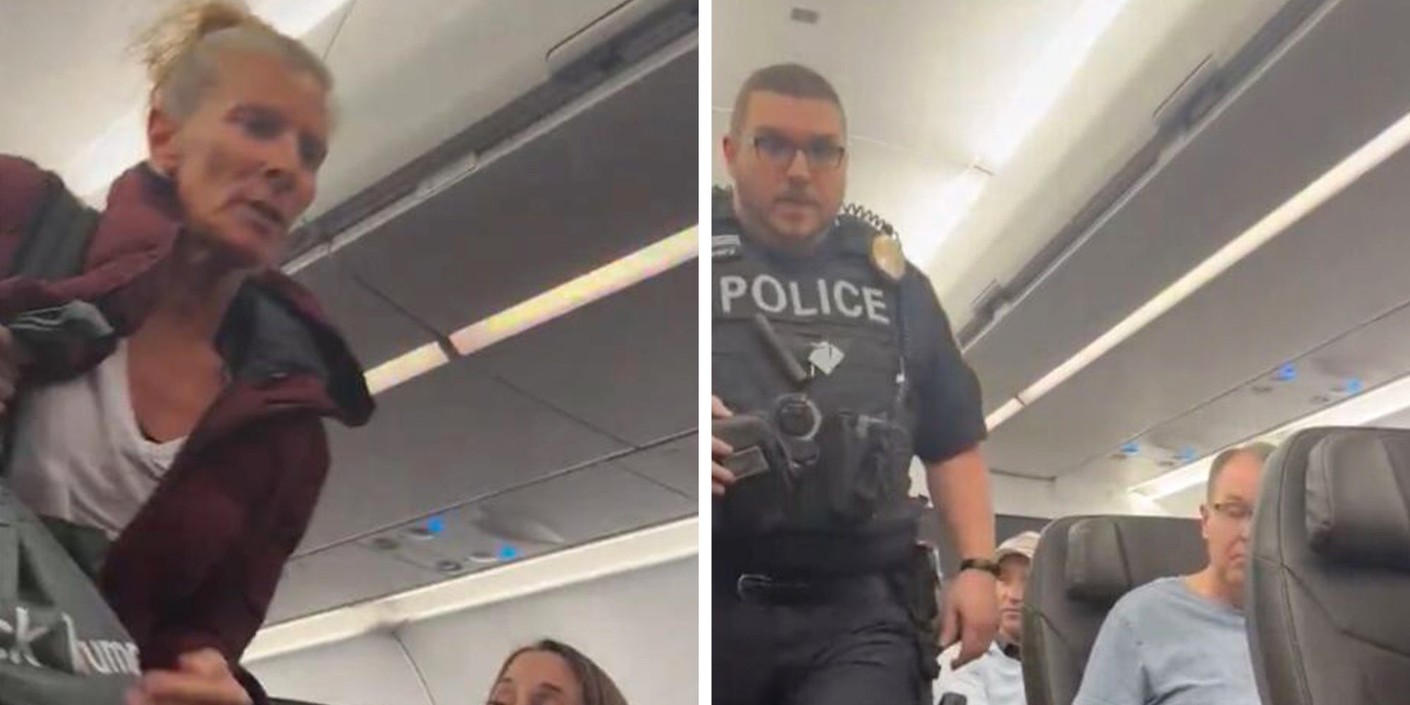 Blonde woman seen escorted off of an American Airlines flight by a police officer.