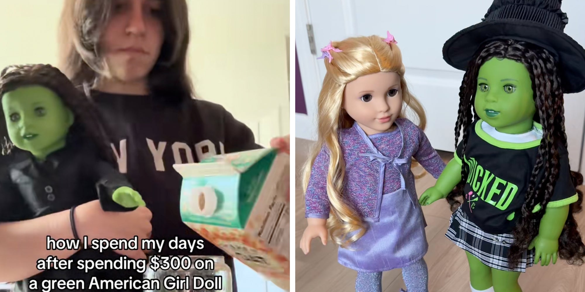 Left: Woman holding Green Elphaba American Girl Doll while pouring milk into her coffee, text overlay reads, 'How I spend my days after spending $300 on a green American Girl Doll.' Right: 'Wicked' American Girl Dolls Glenda and Elphaba.