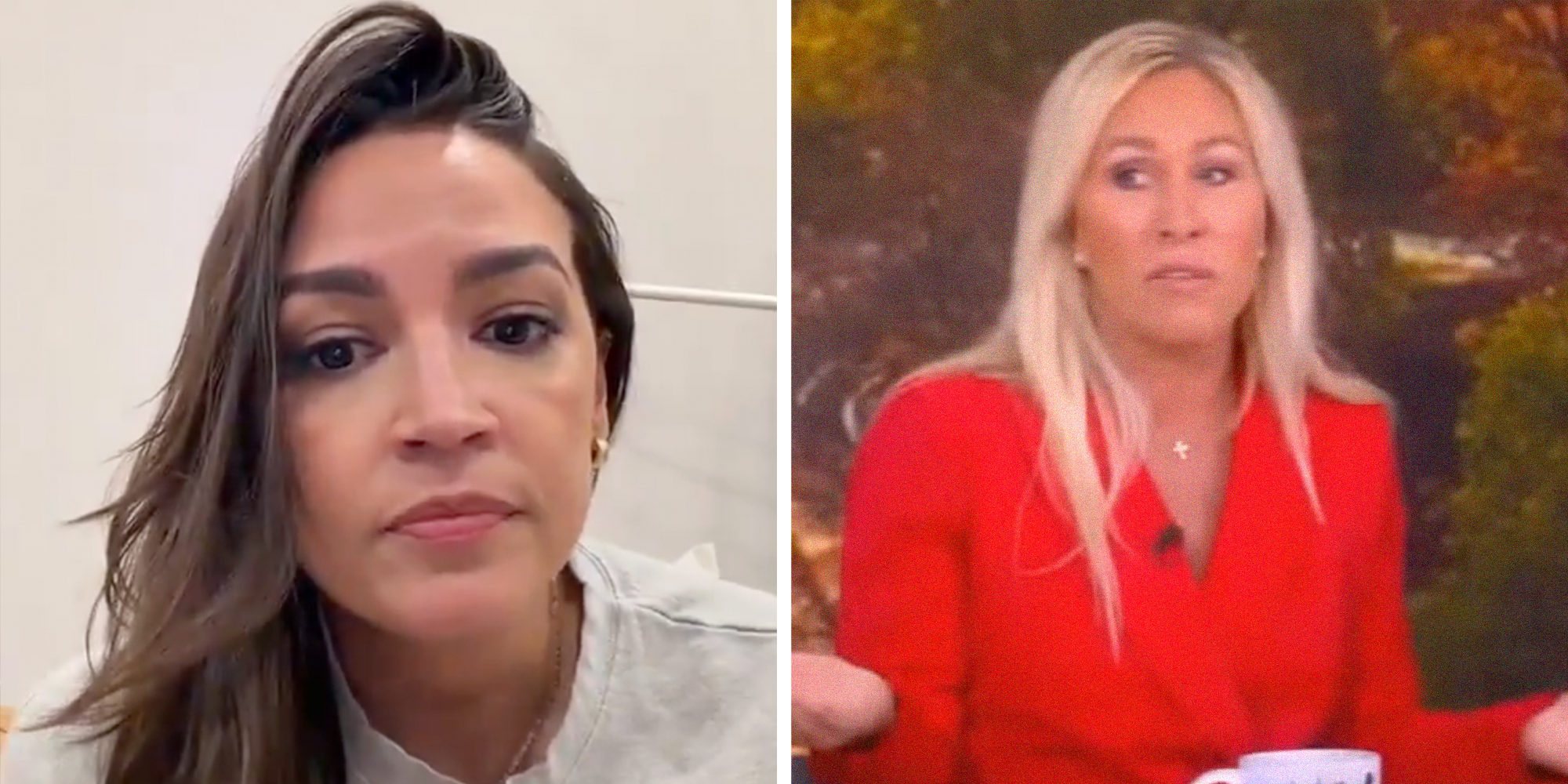 Left: New York Rep. Alexandria Ocasio-Cortez looking into the camera under text reading, 'Here's some tea for you.' Right: Georgia Rep. Marjorie Taylor Greene in a red blazer during an appearance on 'The View.'
