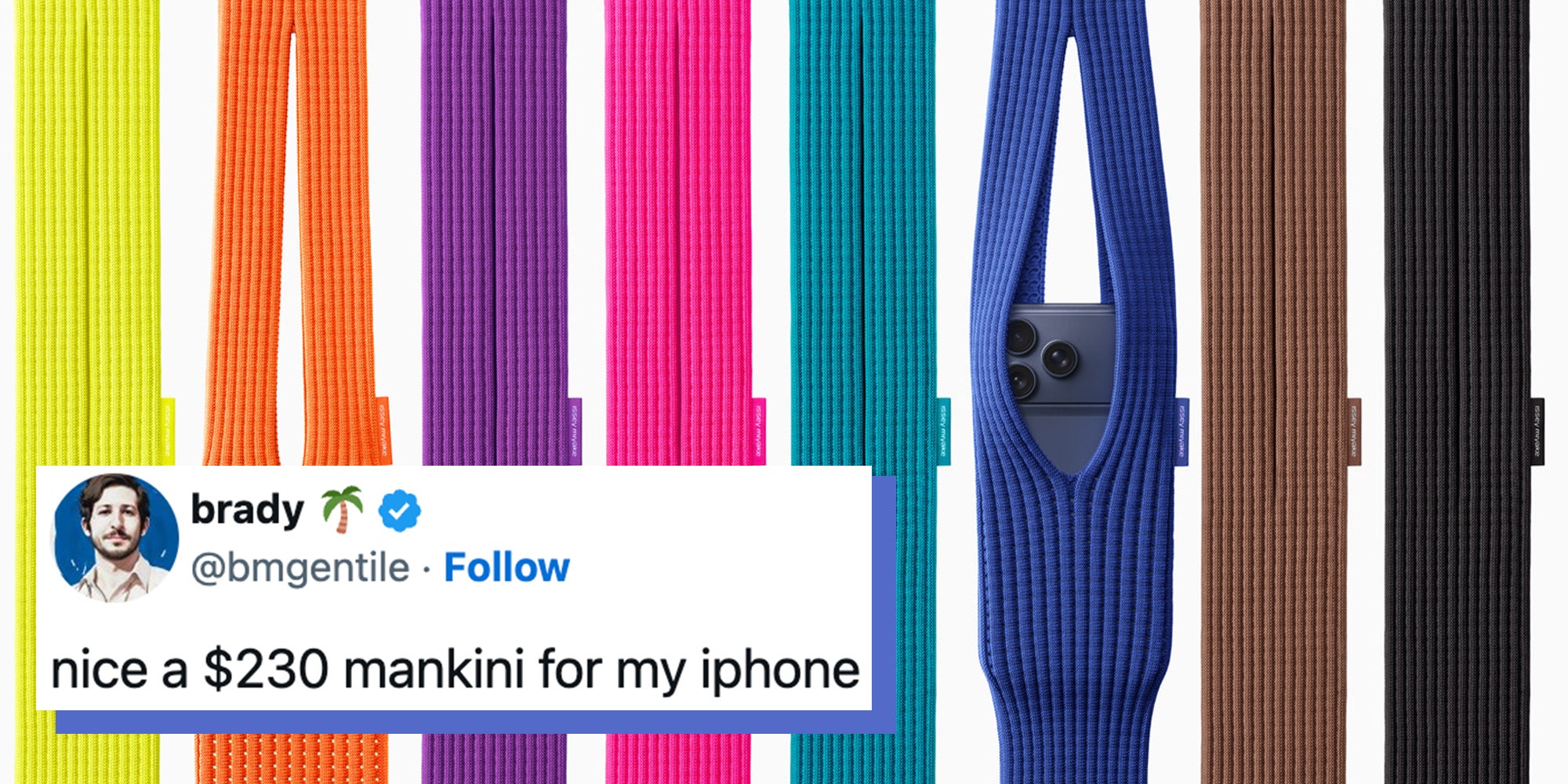 Apple iPhone pocket. Tweet text overlay reads, 'Nice a $230 mankini for my iPhone.'