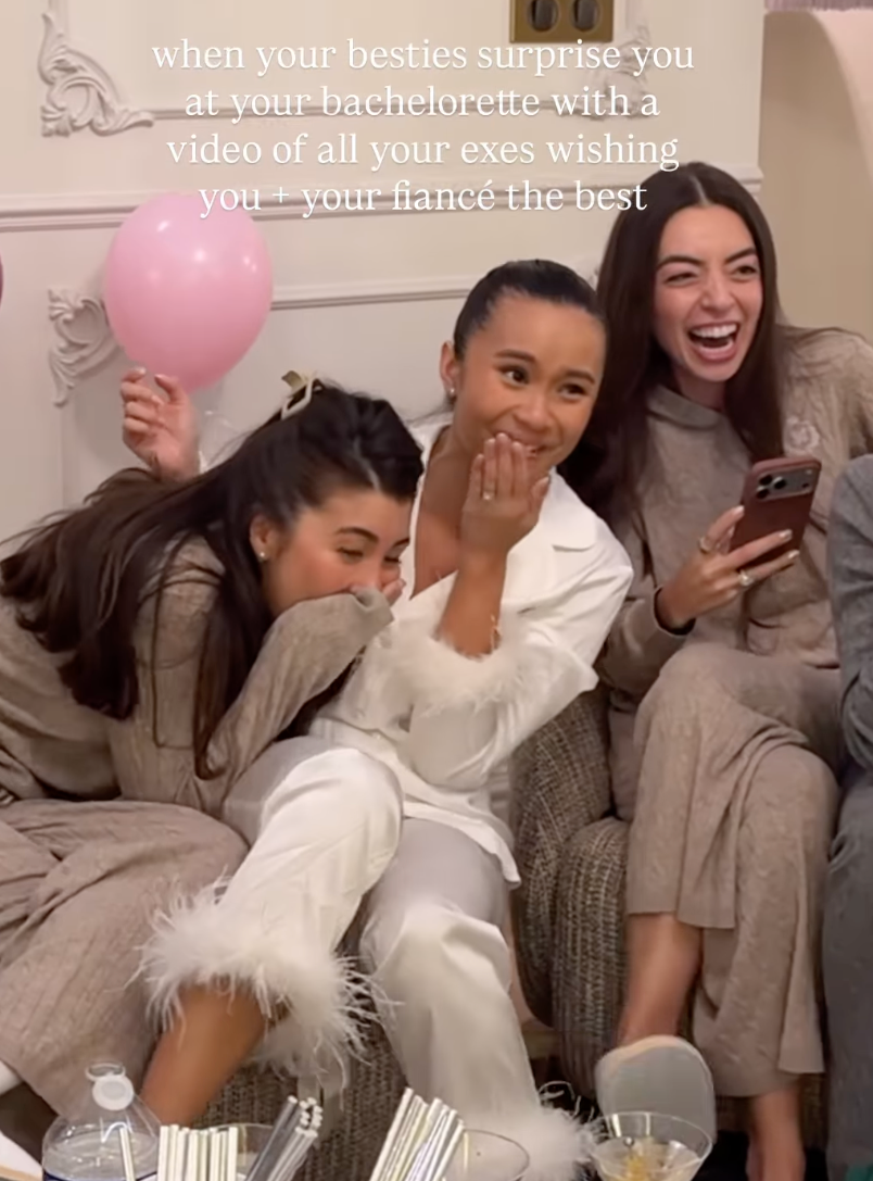 surprised bride laughing at bachelorette party with onscreen text: "when your besties surprise you at your bachelorette with a video of all your exes wishing you and your fiance the best…” 