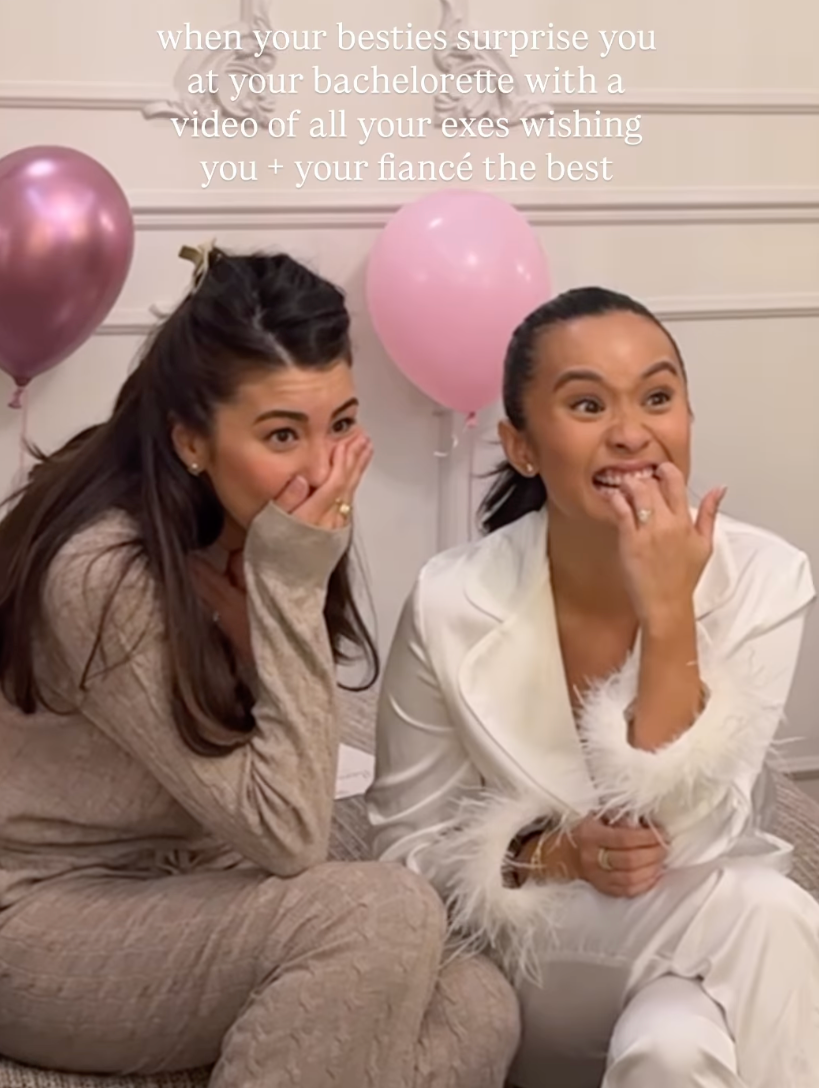 surprised bride laughing at bachelorette party with onscreen text: "when your besties surprise you at your bachelorette with a video of all your exes wishing you and your fiance the best…” 