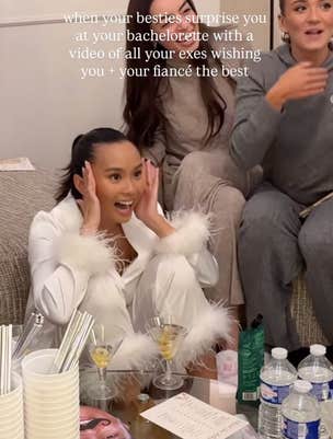 surprised bride laughing at bachelorette party with onscreen text: "when your besties surprise you at your bachelorette with a video of all your exes wishing you and your fiance the best…”