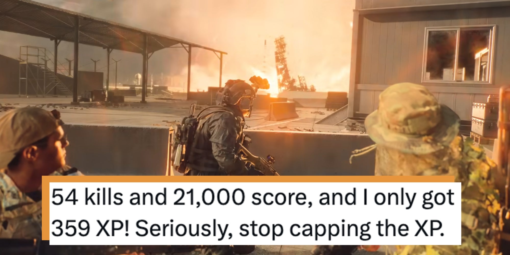 Screenshot from Battlefield 6 video game. Tweet text overlay reads, "54 kills and 21,000 score, and I only got 359 XP! Seriously, stop capping the XP."