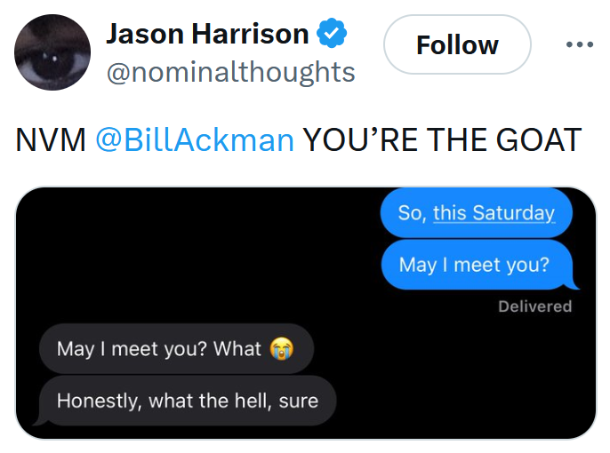 Tweet with a screenshot of a text conversation with the 'may I meet you' line working.