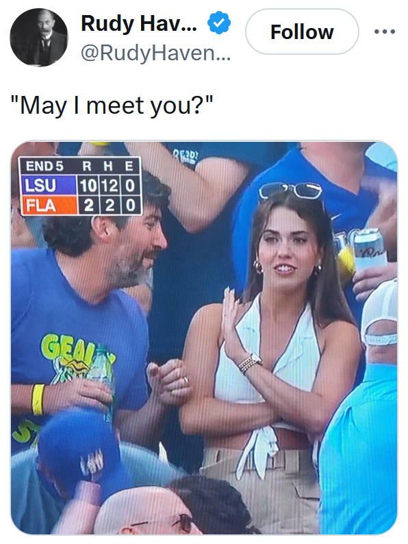 'May I meet you' meme with a woman waving off a man in a stadium seat.
