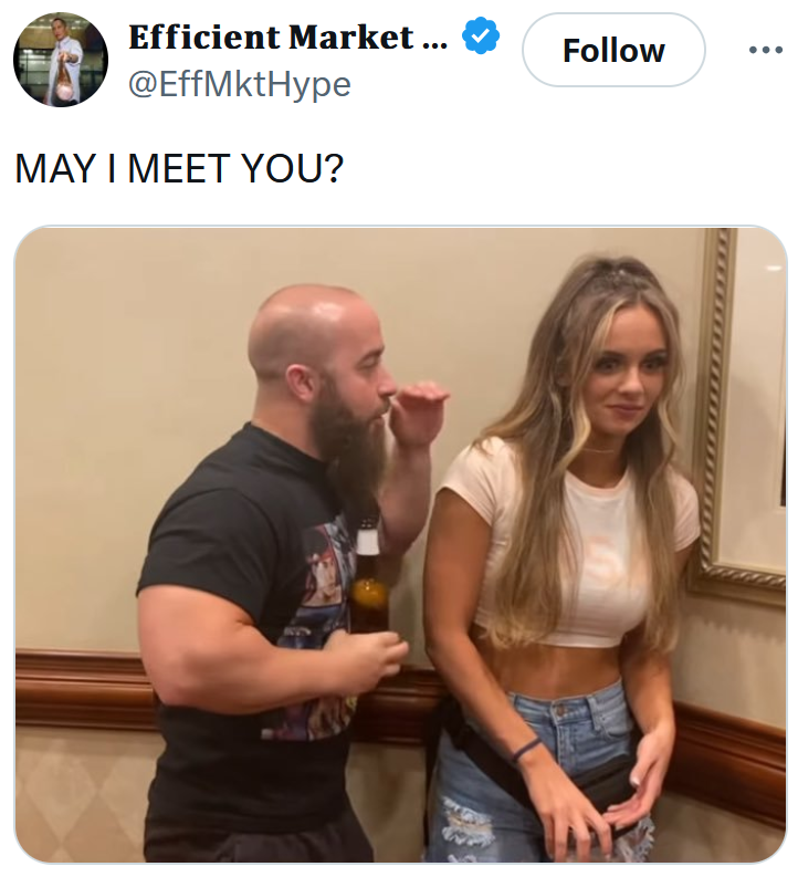 "May I meet you" meme with the photo of the short bald man corning an uninterested woman.