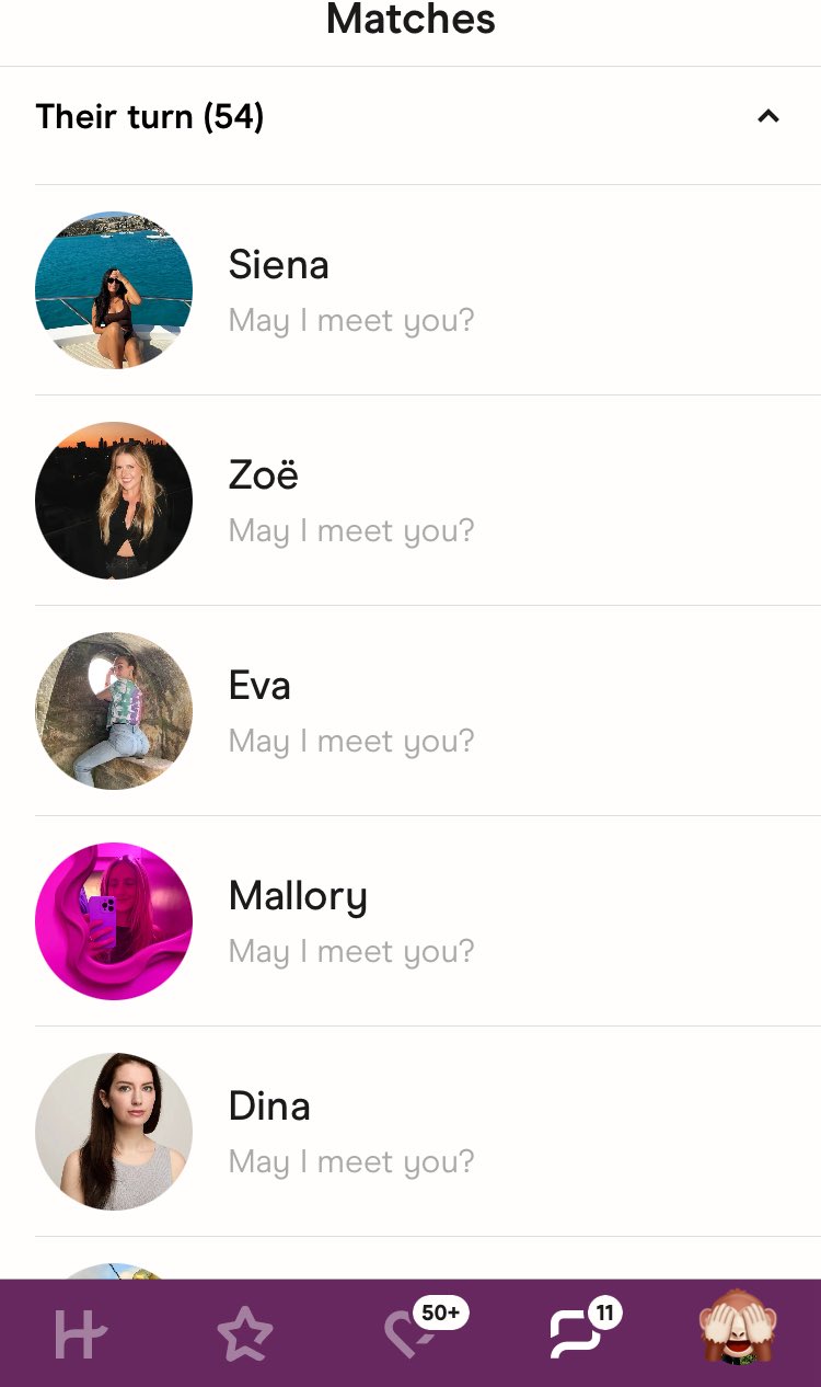 Screenshot of an inbox with every visible message saying 'May I meet you?'