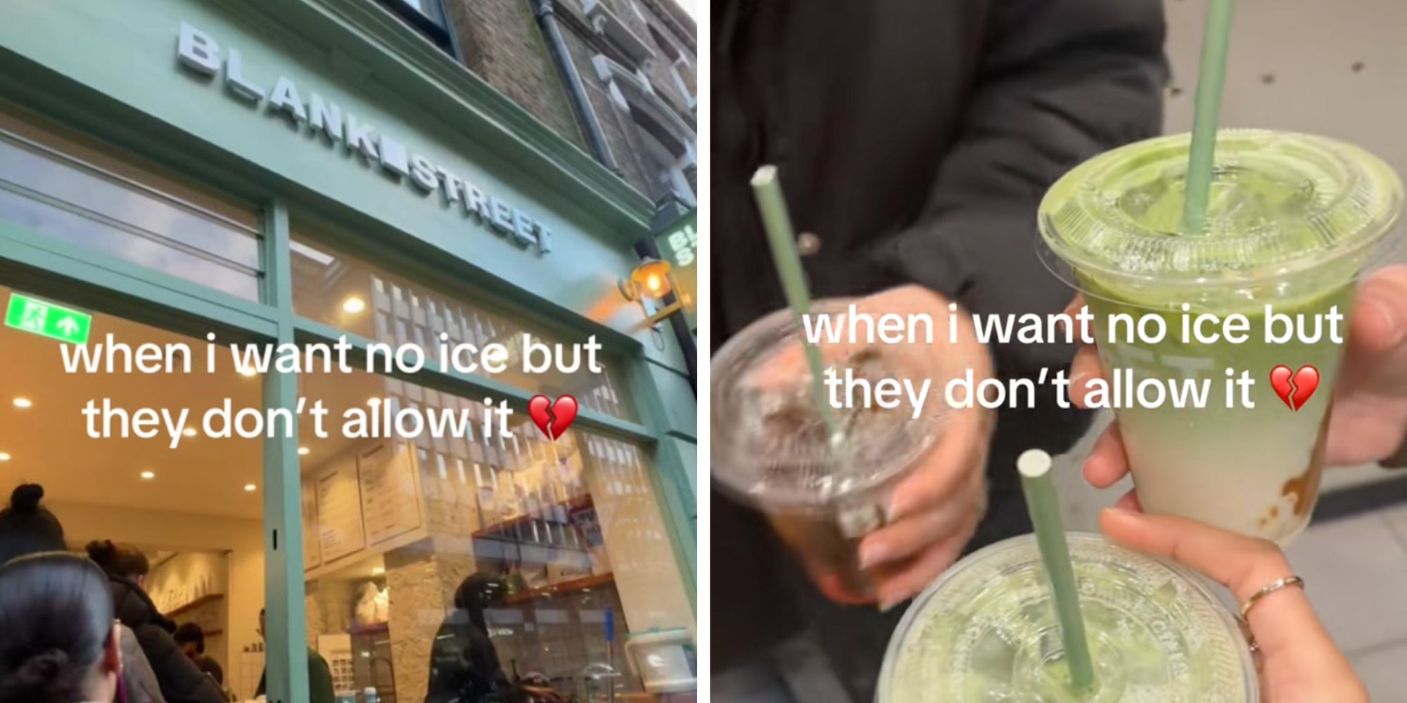 A Blank Street coffee location. Right: Three hands holding Blank Street coffee beverages, caption overlay reads, 'When I wanted no nice but they don't allow it.'