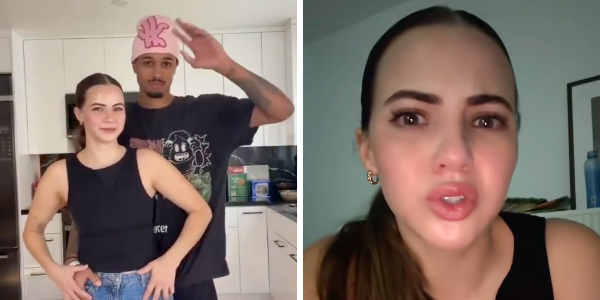 Left: Podcaster Bobbi Althoff in a black tank top standing in her kitchen in front of her new boyfriend Tyler Hawkins. Right: Podcaster Bobbi Althoff tearfully looking into the camera.