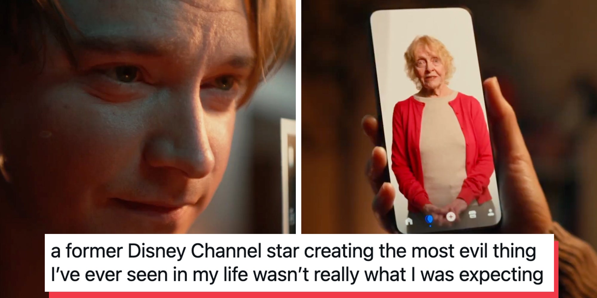 Screenshots of former Disney star Calum Worthy's AI app, including a young man and a grandmother on a phone. Tweet text overlay reads ""a former Disney Channel star creating the most evil thing I’ve ever seen in my life wasn’t really what I was expecting."