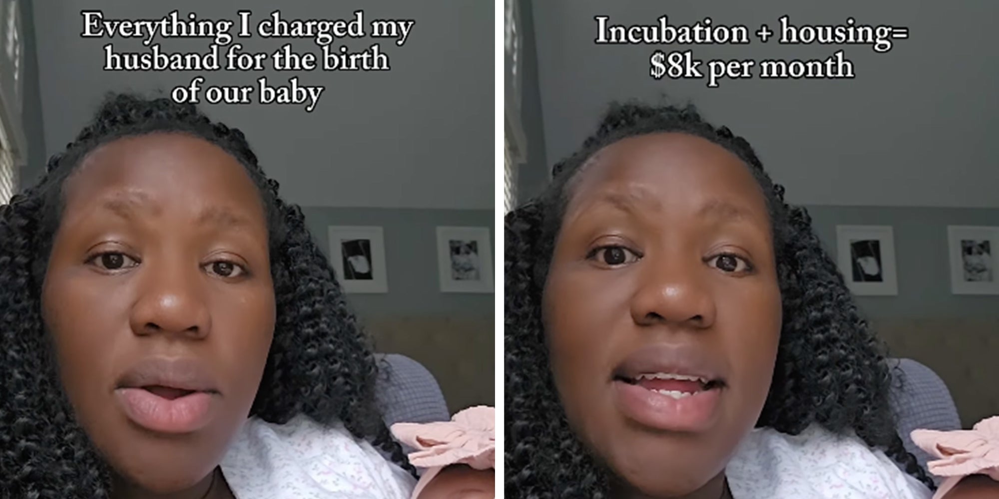 Woman holding a newborn looking into the camera, text caption overlay reads, 'Everything I charged my husband for the birth of our baby.'