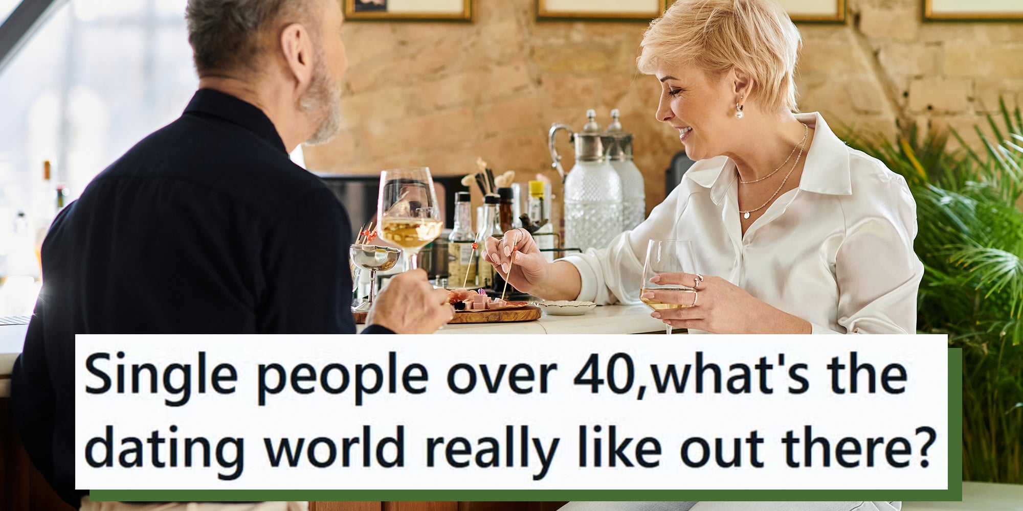 Middle-aged couple sharing a charcuterie board and wine at a restaurant. Text overlay from Reddit reads, 'Single people over 40, what's the dating world really like out there?'