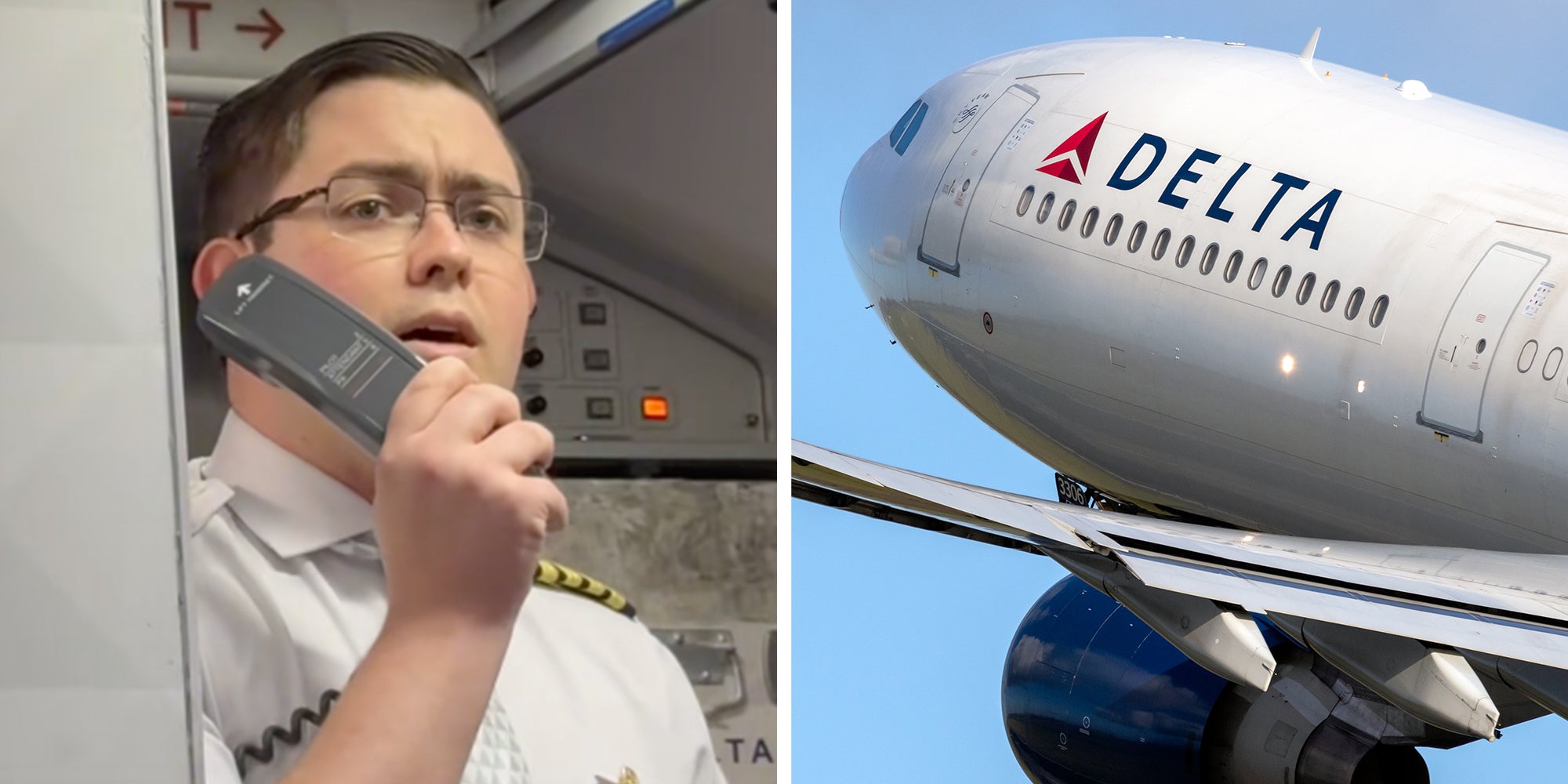 Left: Delta Airlines Captain Christopher Pennington speaking into a headset on an airplane. Right: Delta Air Lines Airbus A330 passenger plane taking off from Amsterdam-Schiphol International Airport.