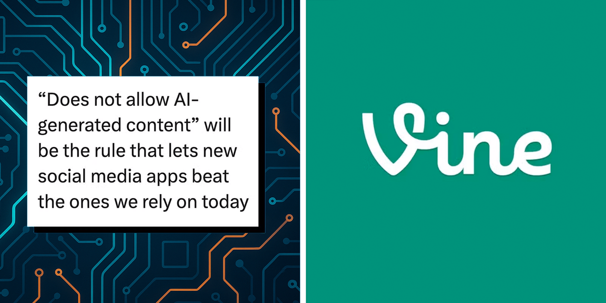 Left: Text reading, '“Does not allow AI-generated content” will be the rule that lets new social media apps beat the ones we rely on today.' Right: Vine app logo.