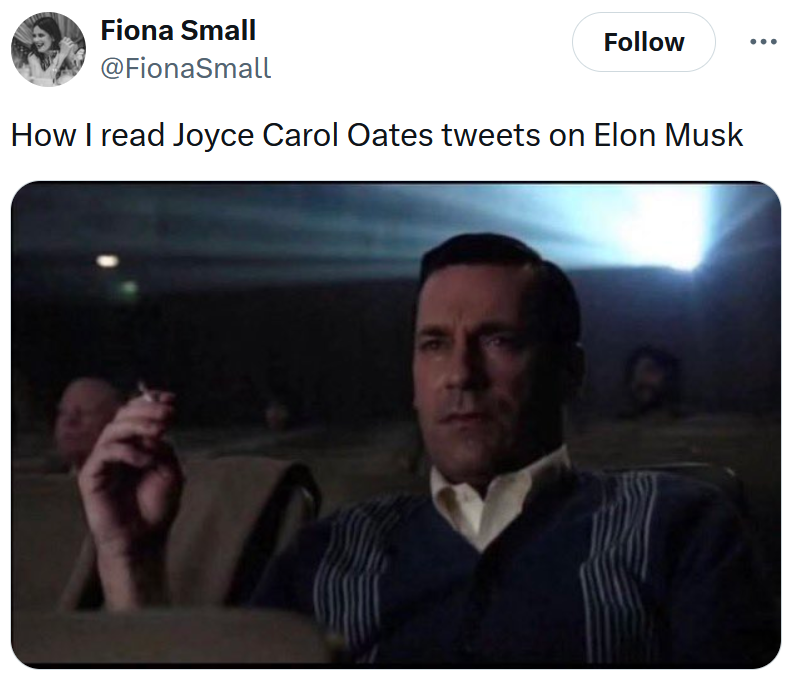 Tweet reading 'How I read Joyce Carol Oates tweets on Elon Musk' with a screenshot of a man in a movie theater.