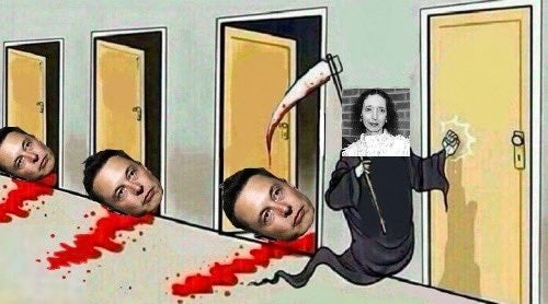 Grim reaper knocking on doors meme featuring Joyce Carol Oates and three dead Elon Musks.