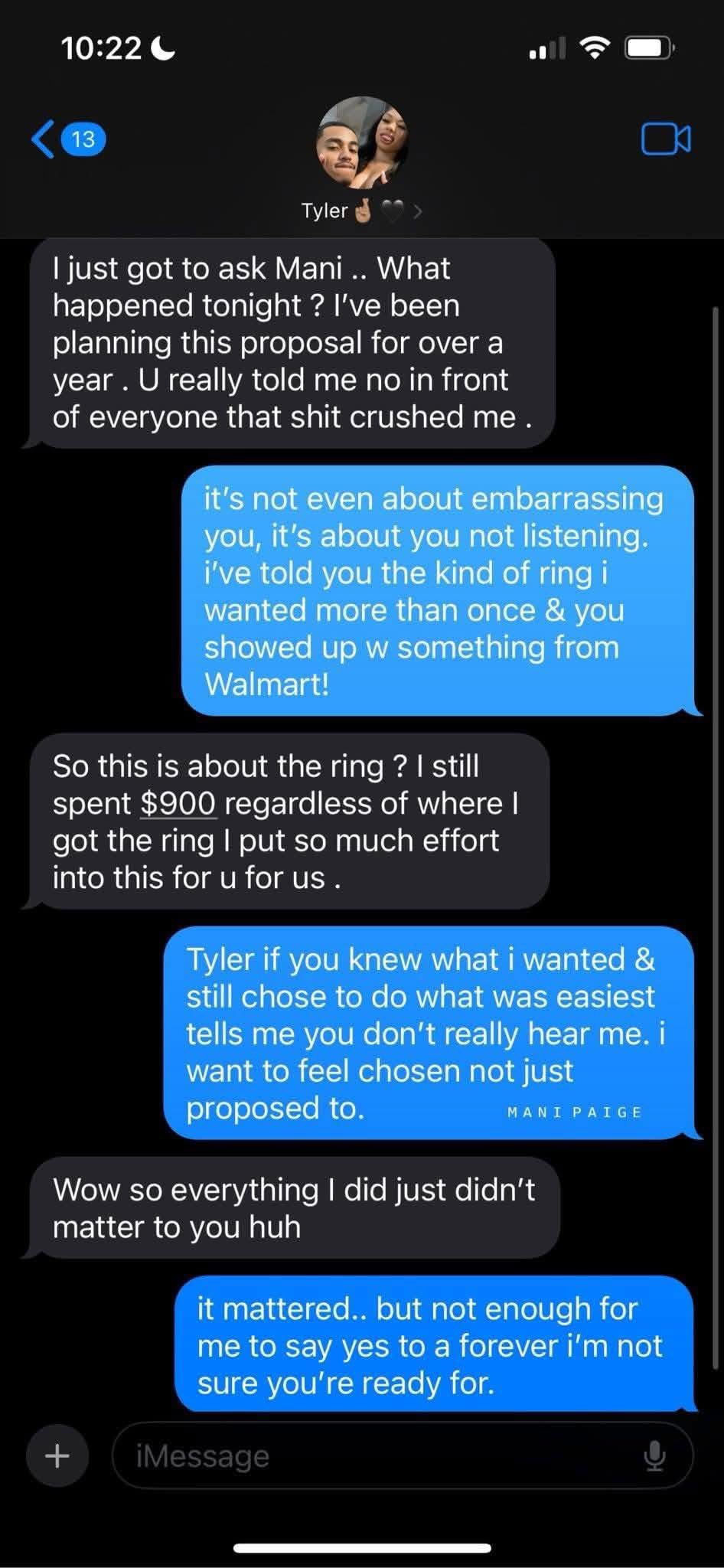 Text conversation about an engagement proposal rejection over the ring.