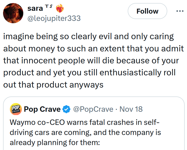 Tweet reading 'imagine being so clearly evil and only caring about money to such an extent that you admit that innocent people will die because of your product and yet you still enthusiastically roll out that product anyways'