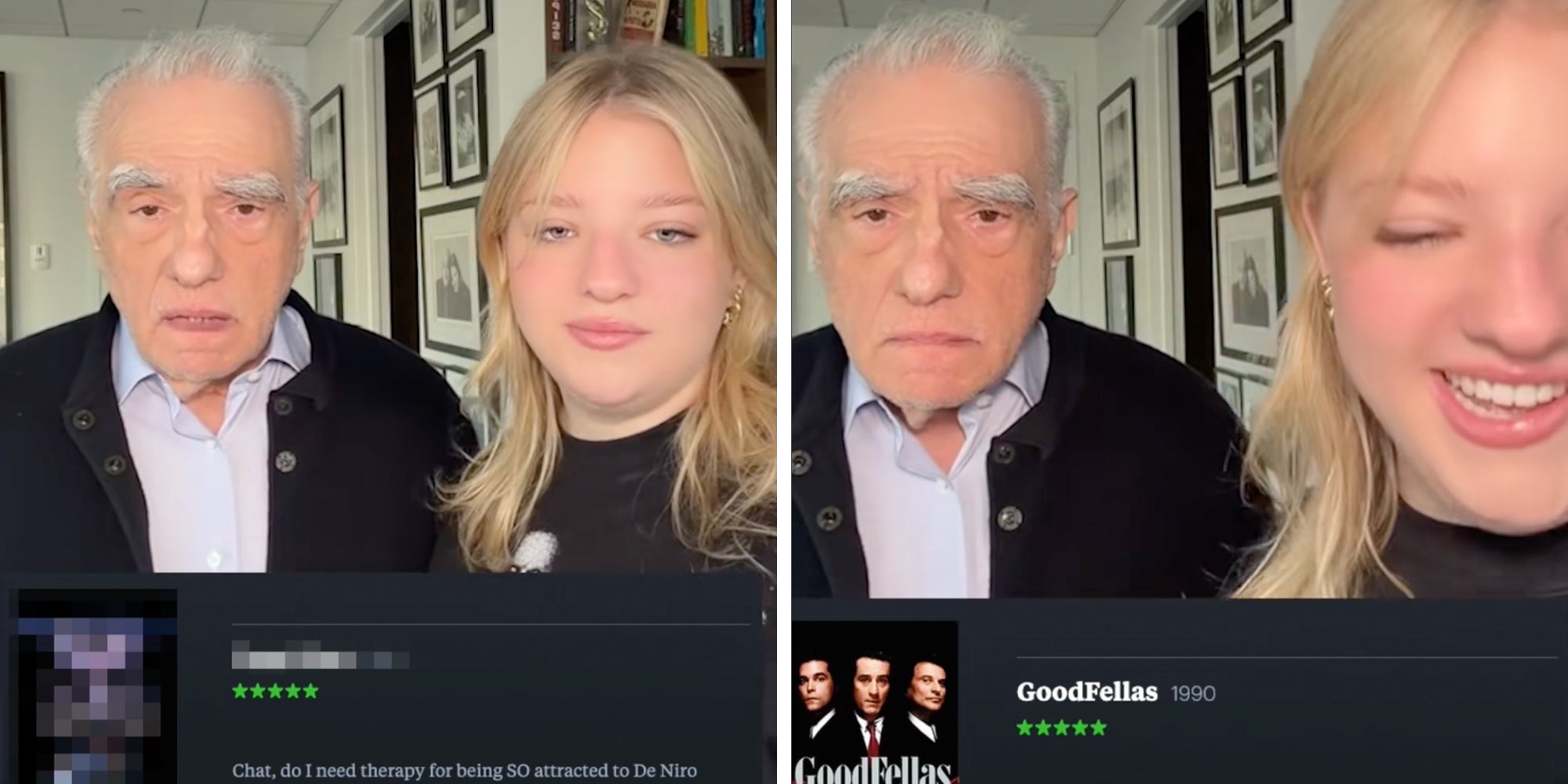 Film director Martin Scorsese next to his daughter Francesca Scorsese guessing Letterboxd comments on his films.