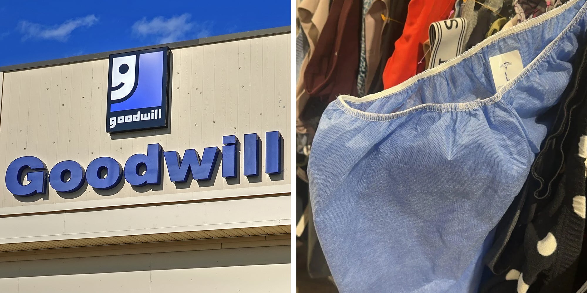Left: Goodwill nonprofit retail thrift store supports people worldwide with charity projects, Danvers Massachusetts USA. Right: A pair of hospital scrub pants on a rack in a Goodwill store.