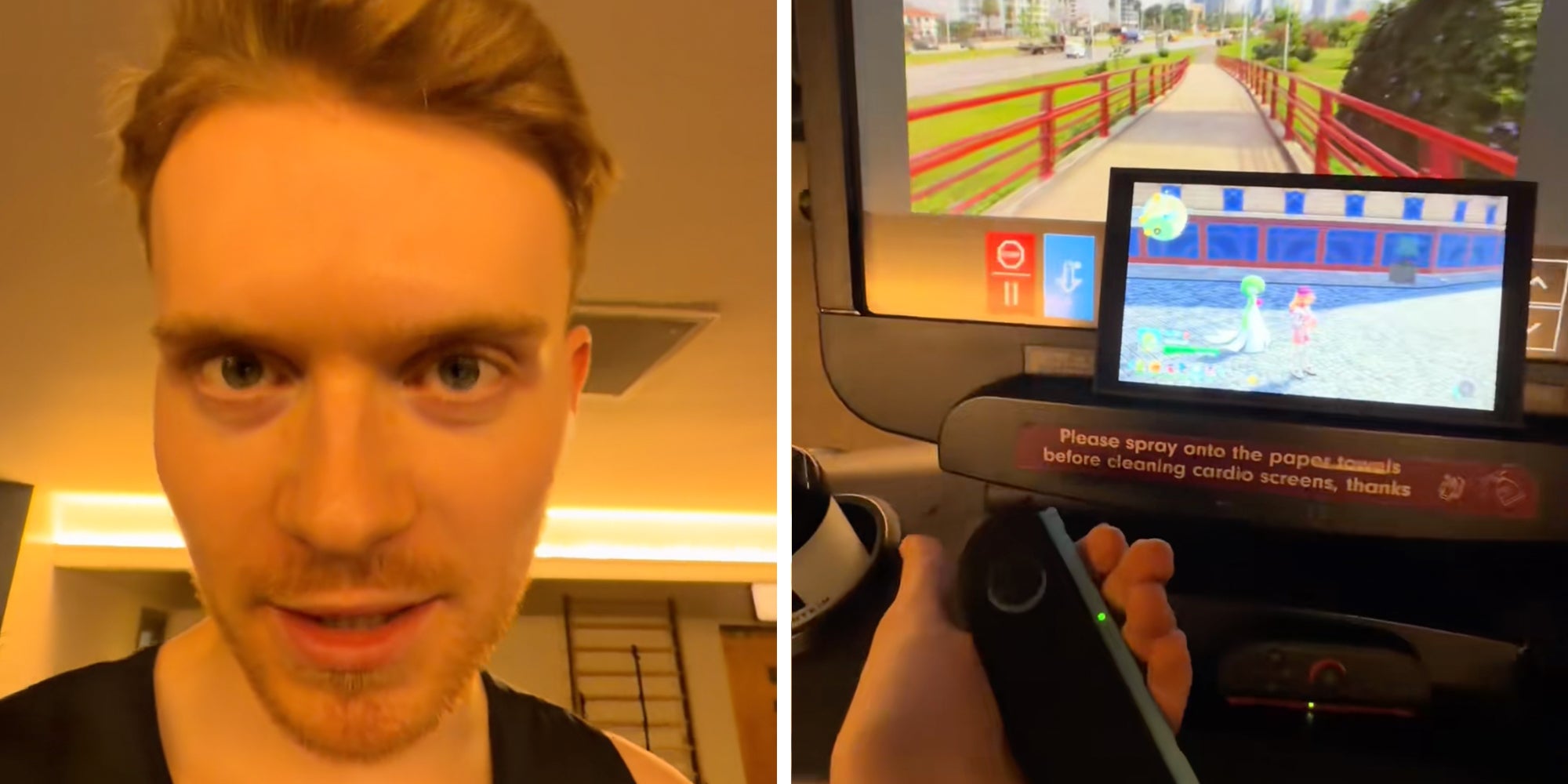 Left: Man looking into the camera while standing on a treadmill in a gym. Right: Nintendo Switch propped up on a treadmill screen, man's hand holding the controller in front of it.