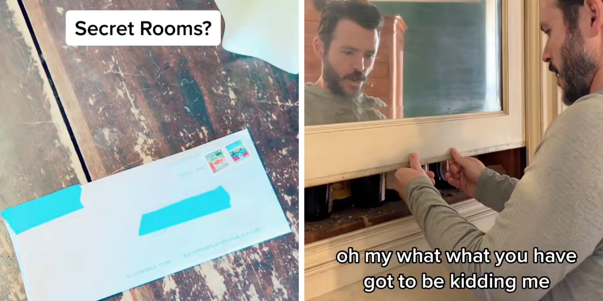 Left: Envelope laying on a wooden table, text overlay reads, "Secret rooms?" Right: Man opening mirrored panel, text overlay reads, "oh my god what you have got to be kidding me."