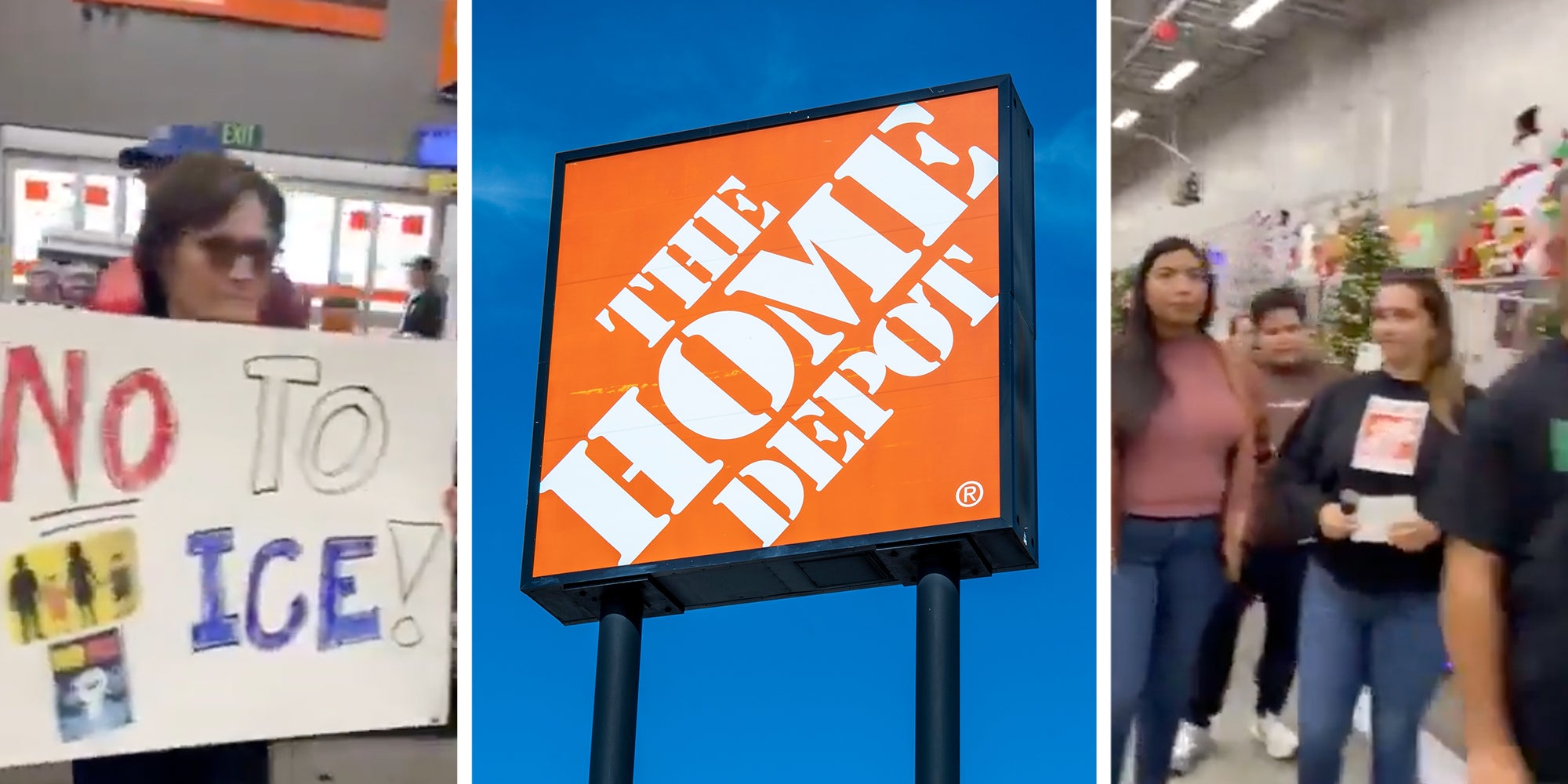 3 panel: Left and Right: Protestors at a Home Depot store staging an 'ICE scraper' buy-in. Middle: Close up of Home Depot logo sign with the blue sky background.