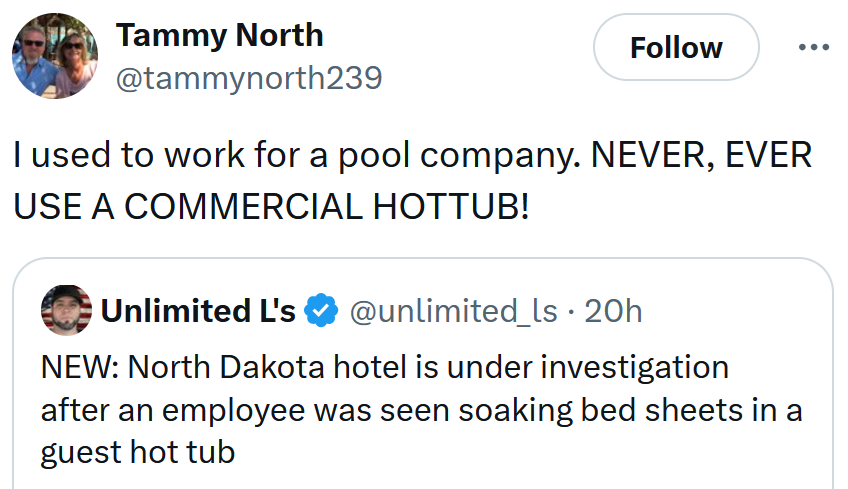 Tweet reading 'I used to work for a pool company. NEVER, EVER USE A COMMERCIAL HOTTUB!'