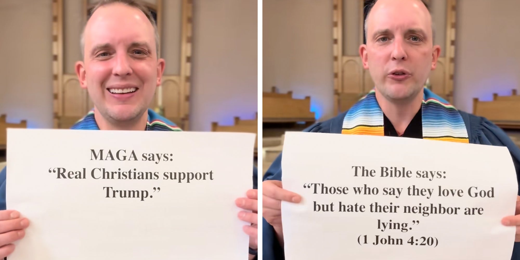 Reverend Dr. Caleb J. Lines, the pastor at University Christian Church in San Diego, holding up signs reading, "Maga says real christians support Trump."