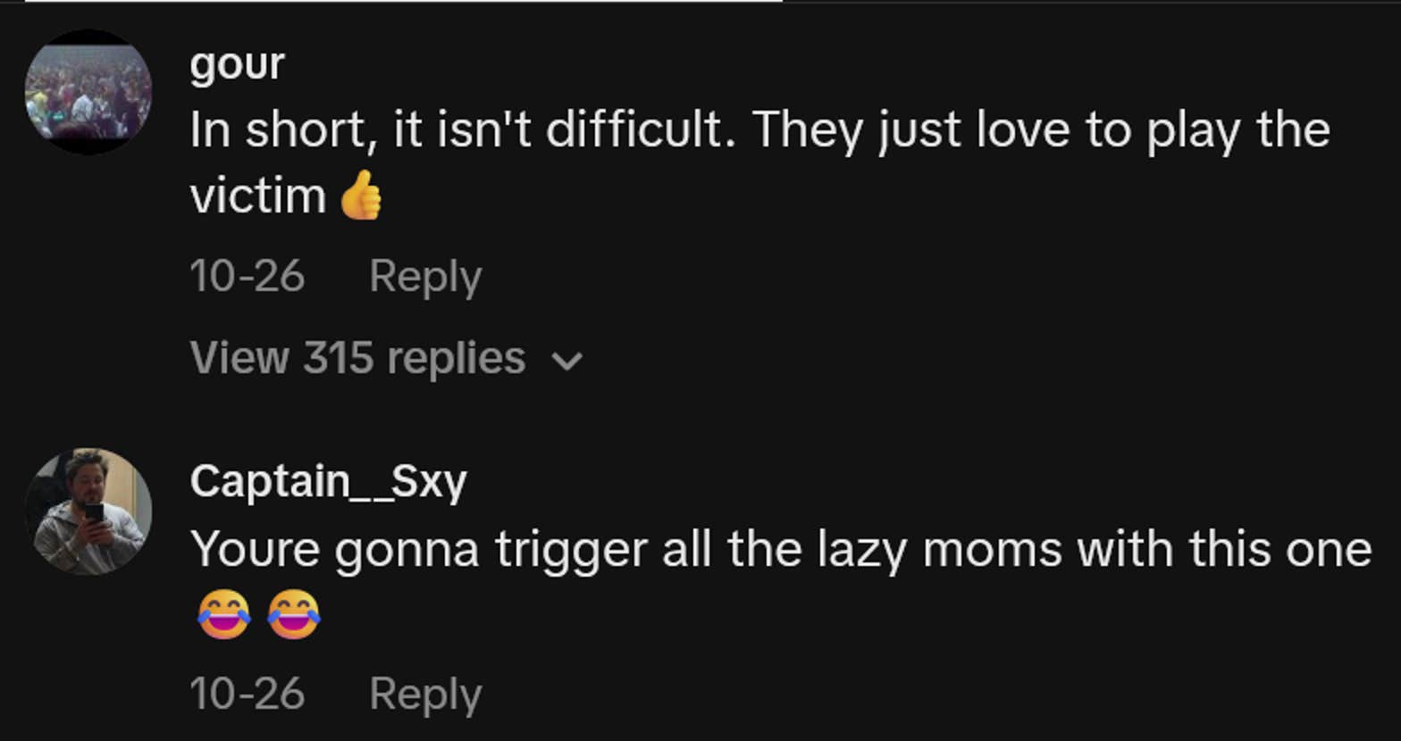 Comentários do TikTok incluindo uma leitura 'Resumindo, não é difícil. Eles adoram bancar a vítima'