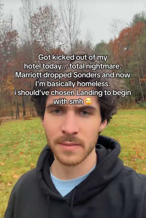TikTok video of a man standing in a park after Marriott kicked him out of his Sonder room.