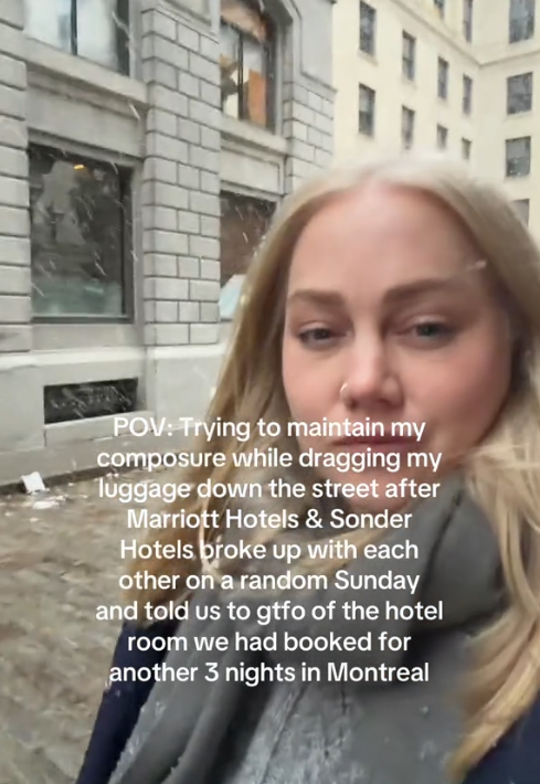 TikTok video of a woman walking down the street in the snow after Marriott kicked her out of her Sonder room.