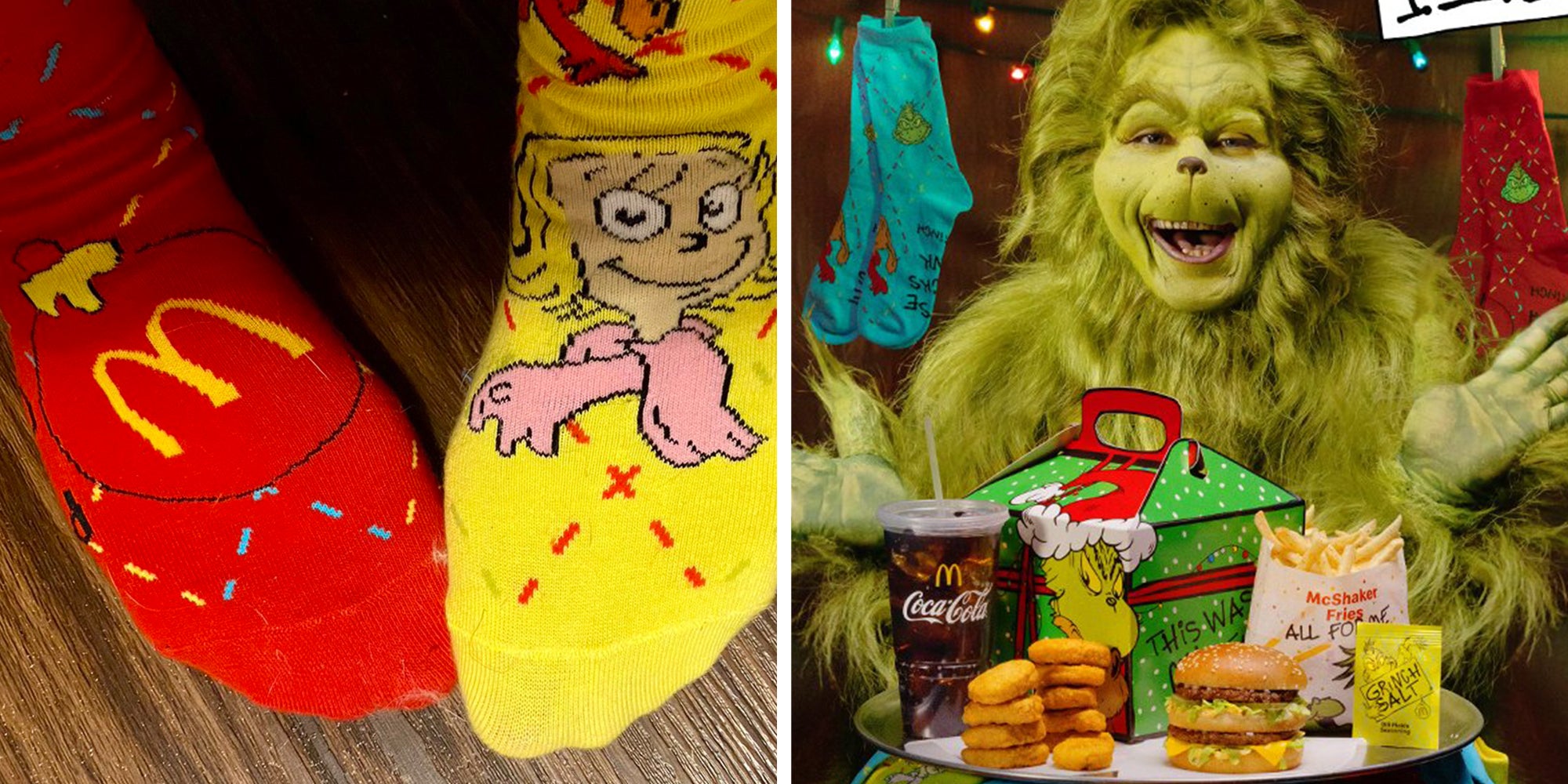 Left: McDonald's themed Grinch socks. Right: The Grinch sitting in front of the McDonald's Grinch meal.