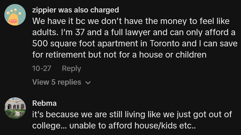 TikTok comments including one reading 'We have it bc we don’t have the money to feel like adults. I’m 37 and a full lawyer and can only afford a 500 square foot apartment in Toronto and I can save for retirement but not for a house or children'